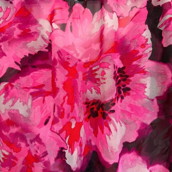 Elle Sheer Pink Floral Blouse Ruffle Neck Maximalist Floral Size XL - Picture 7 of 9